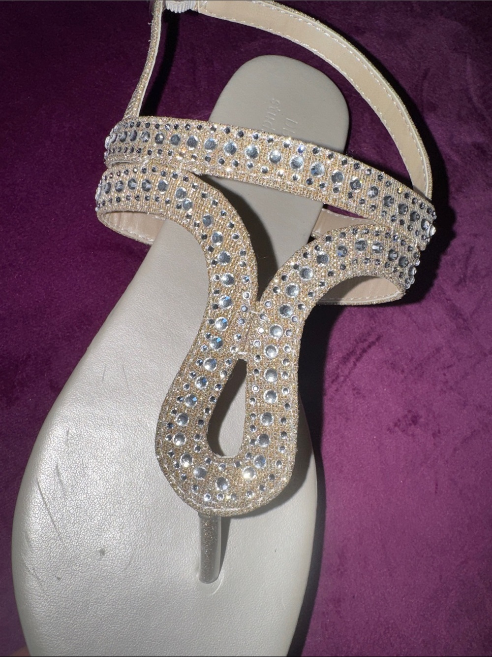 David’s Bridal DB Studio Rhinestone T-Strap Champagne Flat Sandals Ankle Strap 7 - Picture 4 of 12